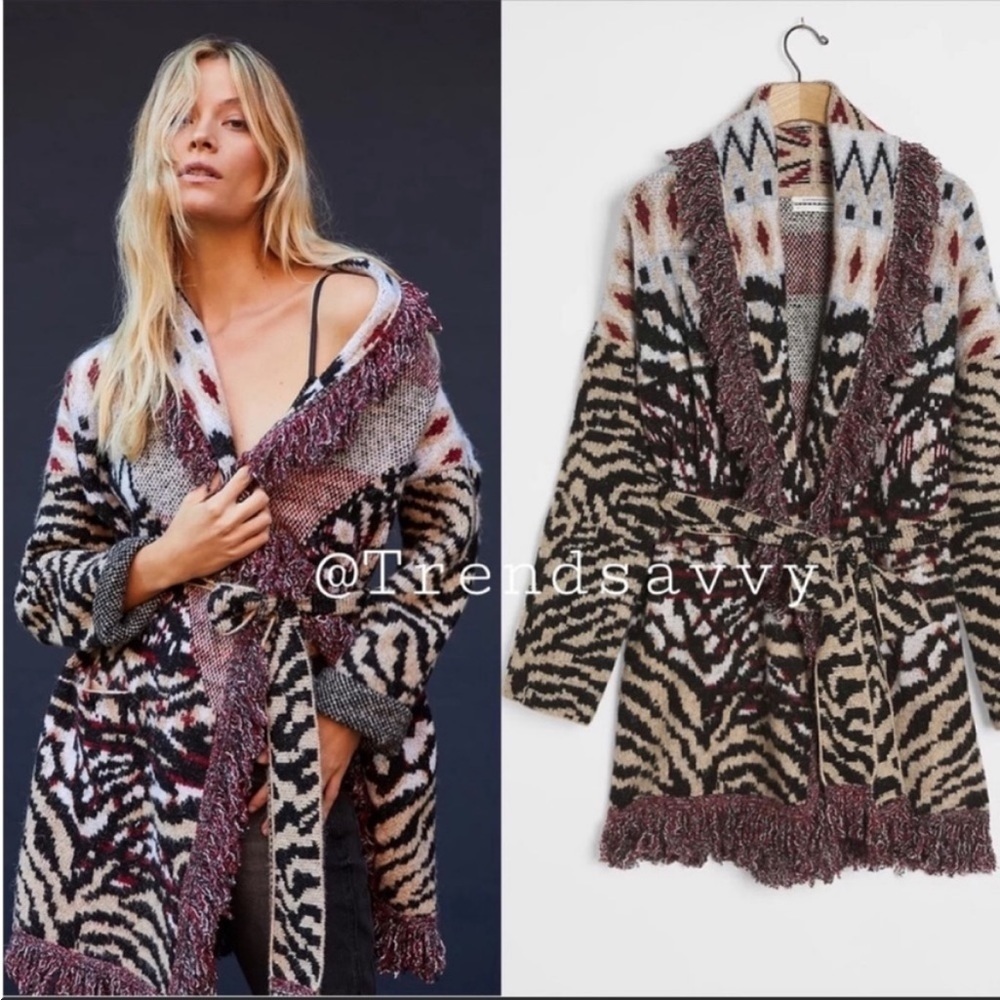 Anthropologie Paloma Zebra Fringe Wrap Cardigan Sweater Coat Black Motif XS NWT
